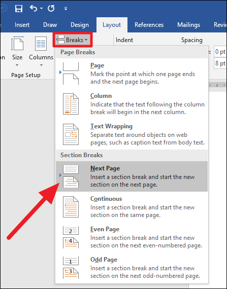 Selecting the Next Page option