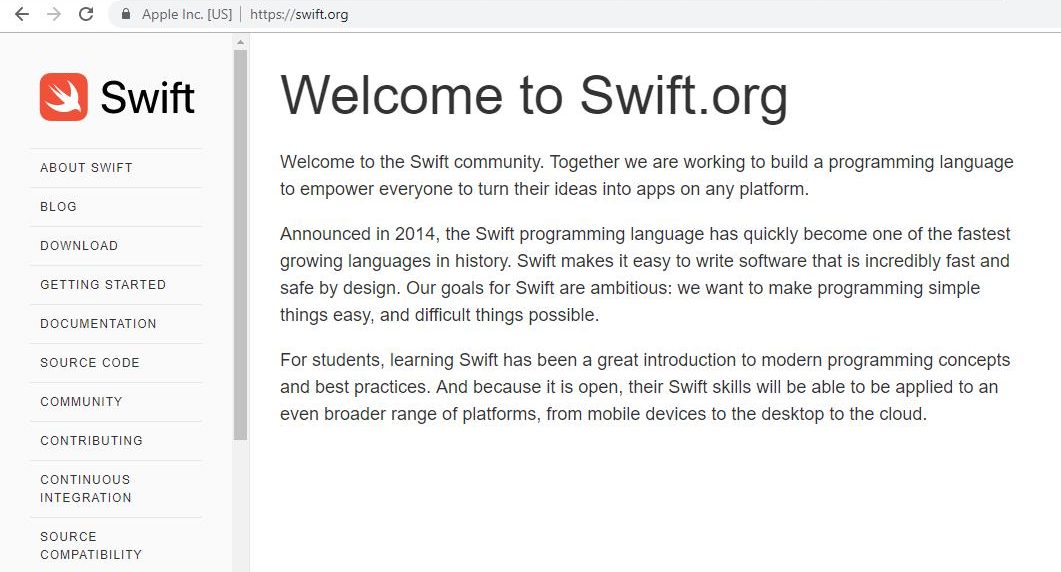 Snapshot of Homepage of Swift.org blog