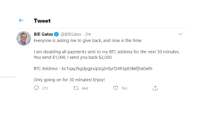 Smaple of Bill Gates Offical Twitter being used to promote donations via bitcoin