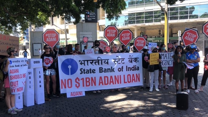 Protestors gathered outside the Sydney Cricket Ground to protest against providing loan to Adani.